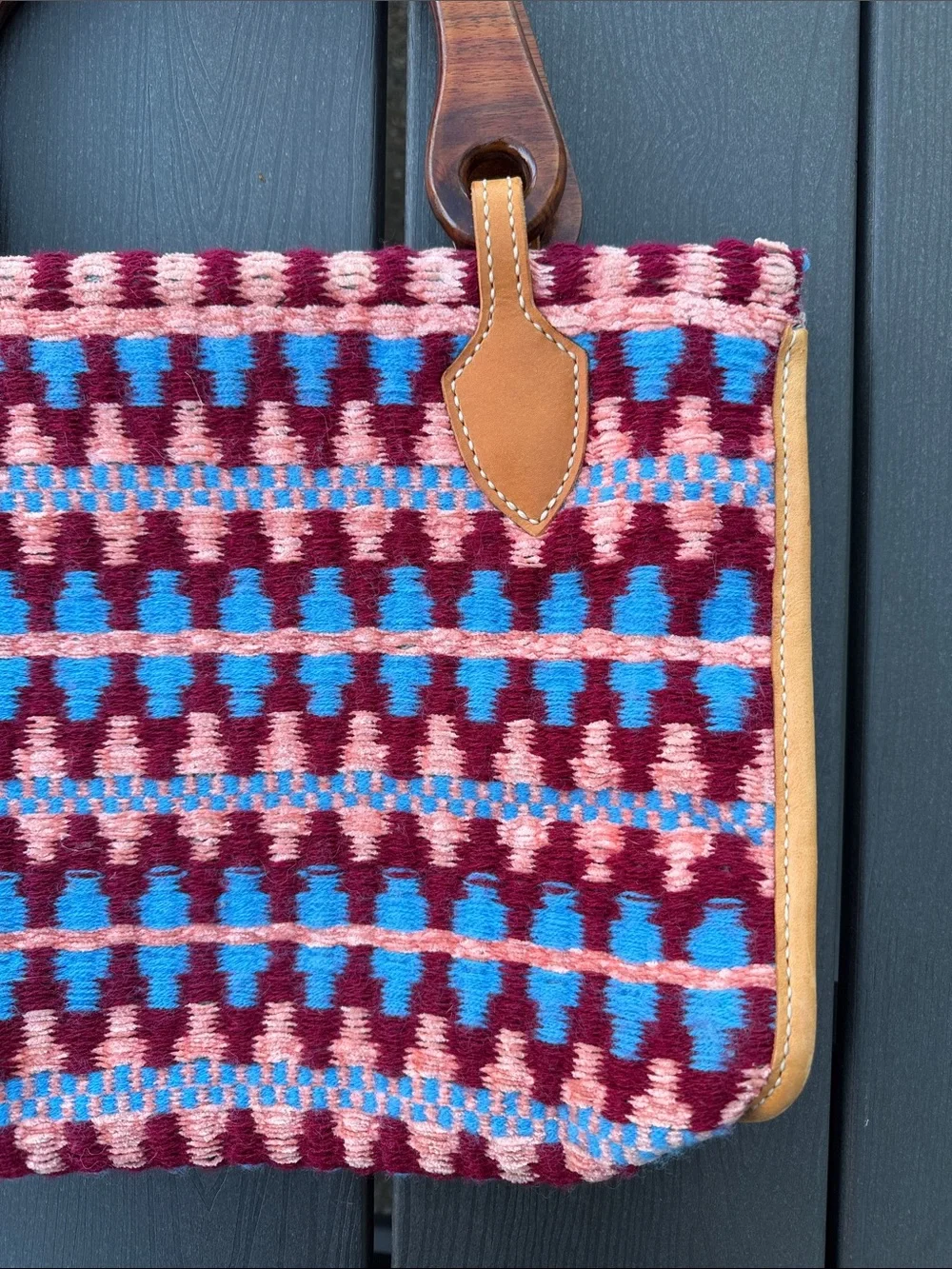 Woven Pattern Handbag with Wood Handles - Burgundy & Turquoise